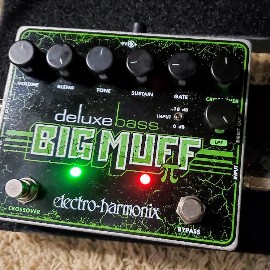 Close-up of an EHX Deluxe Bass Big Muff Pi effects pedal